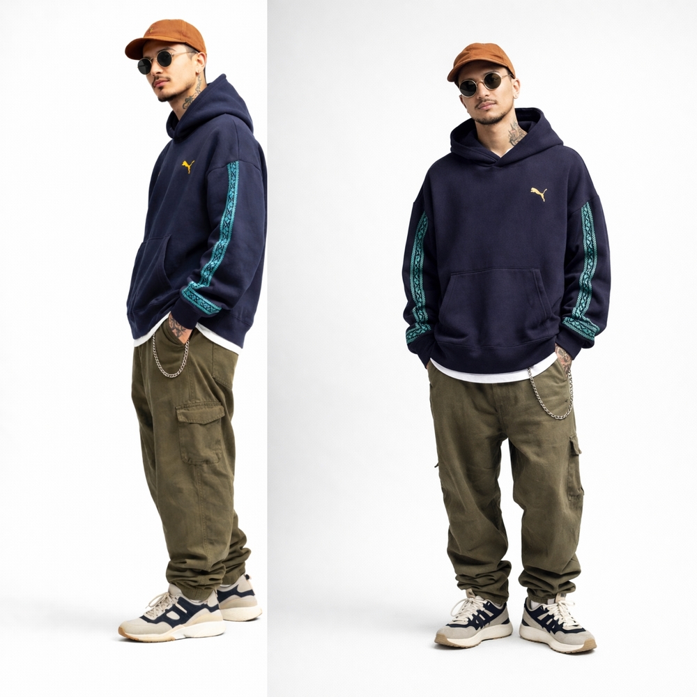 Puma Men’s Road to Unity Oversized-Fit Hoodie XXL Navy Gold Logo Teal Embroidery